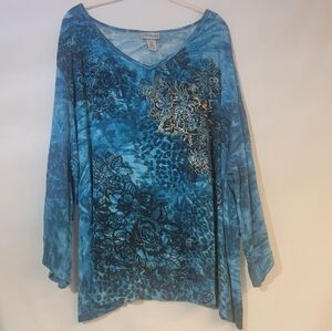 Catherines Blue Floral Long Sleeve Top 2x Plus